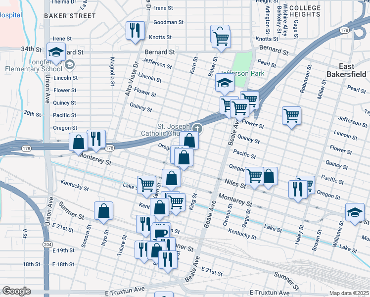 map of restaurants, bars, coffee shops, grocery stores, and more near 1415 Baker Street in Bakersfield