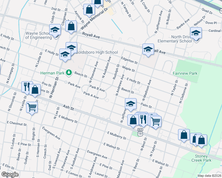 map of restaurants, bars, coffee shops, grocery stores, and more near 1307 East Park Avenue B in Goldsboro