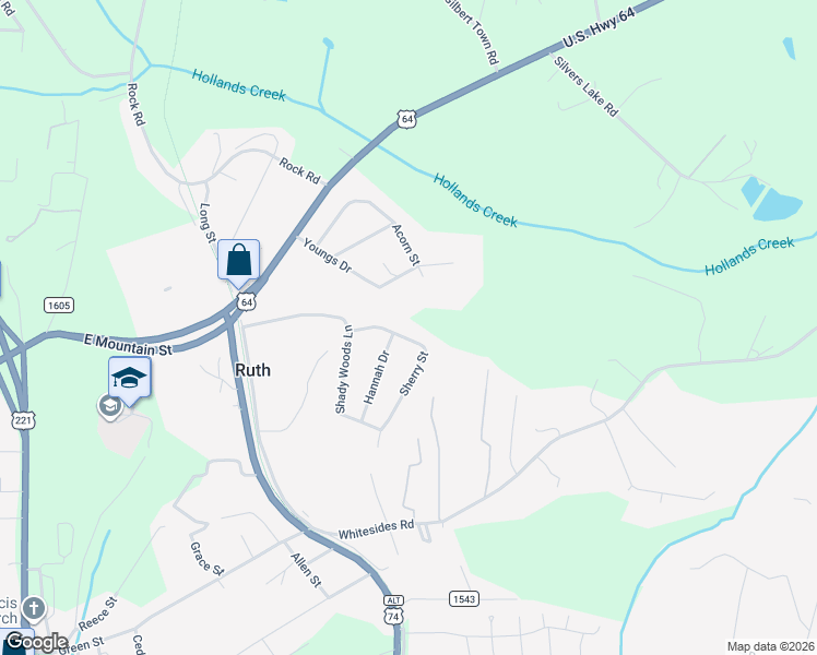 map of restaurants, bars, coffee shops, grocery stores, and more near 173 Sherry Street in Rutherfordton