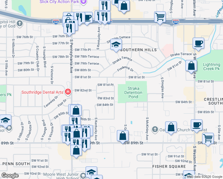map of restaurants, bars, coffee shops, grocery stores, and more near 8205 Indiana Avenue in Oklahoma City