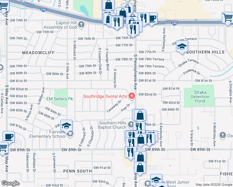 map of restaurants, bars, coffee shops, grocery stores, and more near 2225 Laneway Circle in Oklahoma City