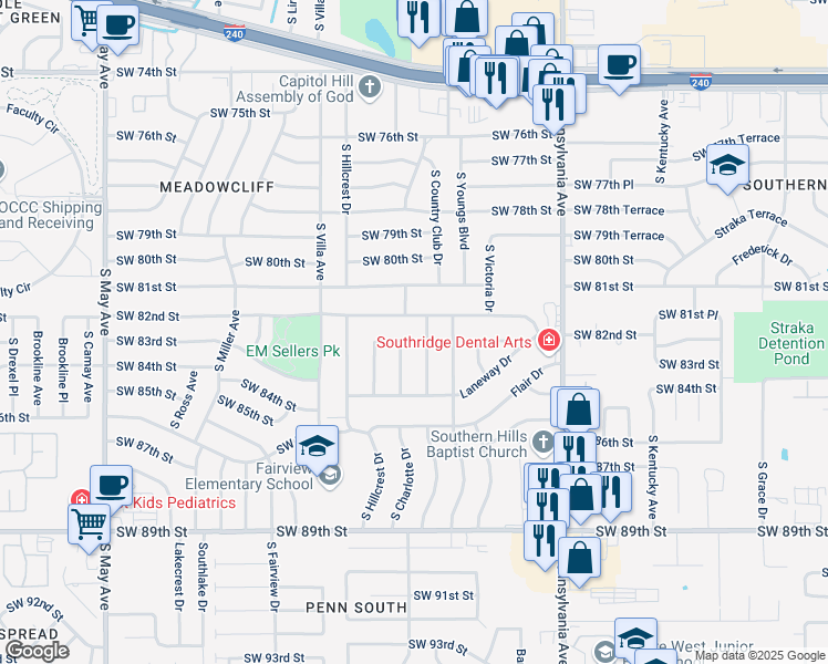 map of restaurants, bars, coffee shops, grocery stores, and more near 2317 Southwest 83rd Street in Oklahoma City
