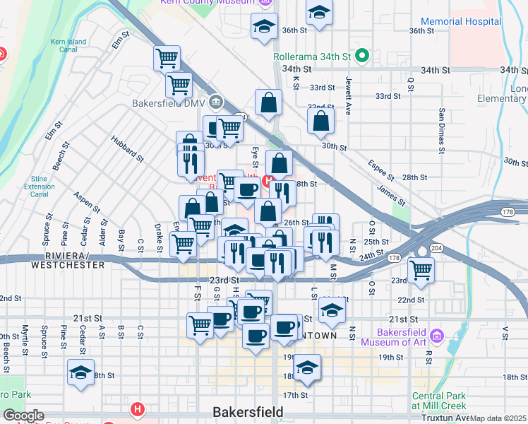 map of restaurants, bars, coffee shops, grocery stores, and more near 2615n Chester Avenue in Bakersfield