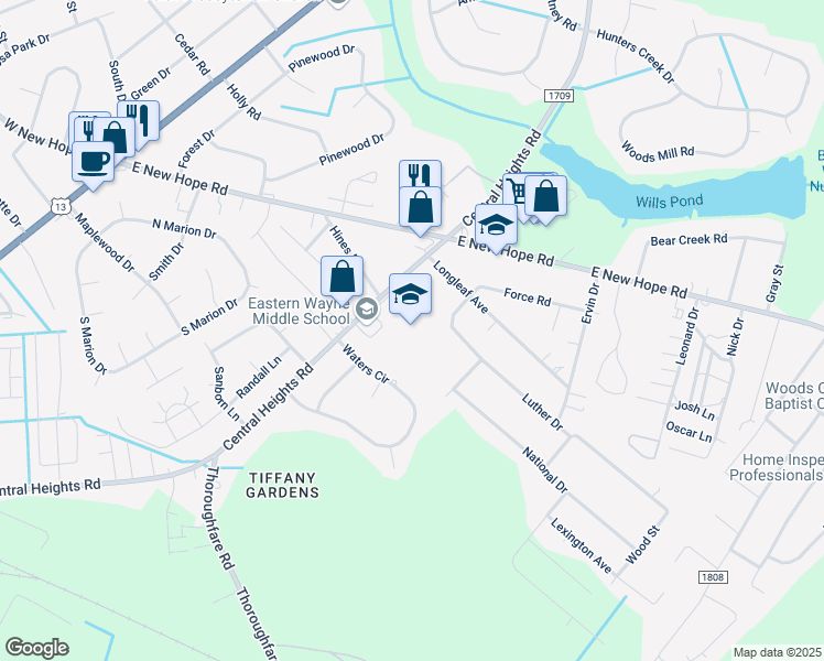 map of restaurants, bars, coffee shops, grocery stores, and more near 3518 Central Heights Road in Goldsboro