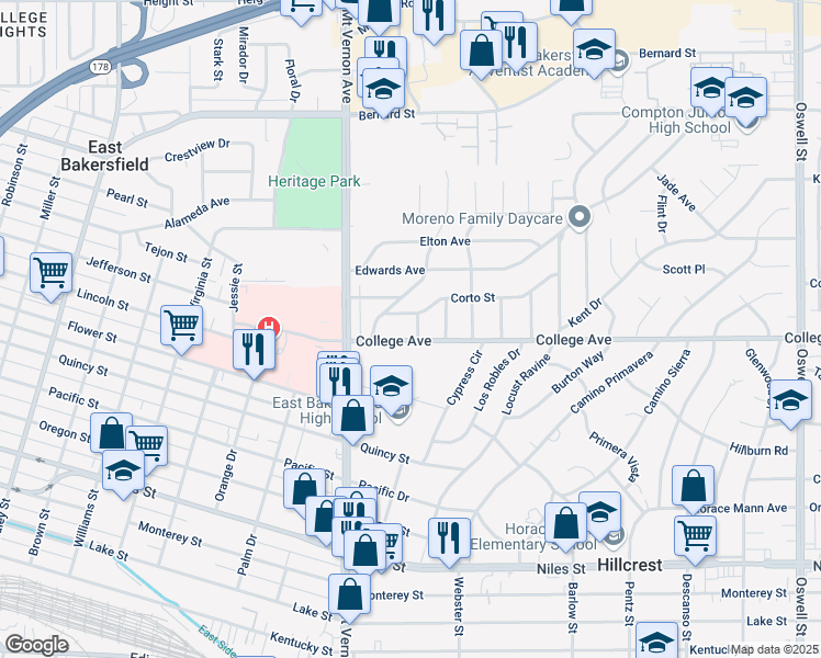 map of restaurants, bars, coffee shops, grocery stores, and more near 1804 Cora Lane in Bakersfield