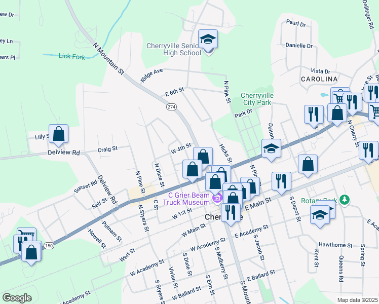 map of restaurants, bars, coffee shops, grocery stores, and more near 416 N Mulberry St in Cherryville