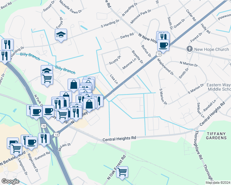 map of restaurants, bars, coffee shops, grocery stores, and more near 1402 North Berkeley Boulevard in Goldsboro