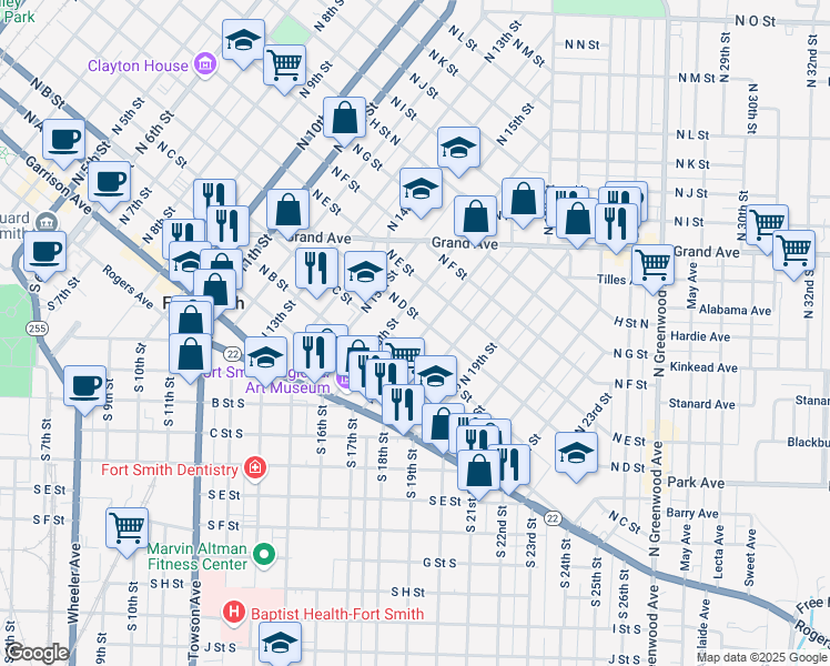 map of restaurants, bars, coffee shops, grocery stores, and more near 315 North 17th Street in Fort Smith