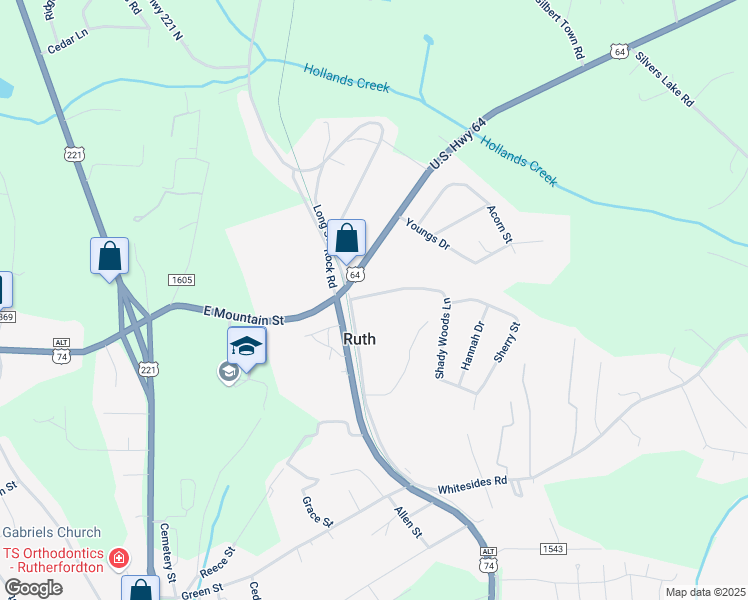 map of restaurants, bars, coffee shops, grocery stores, and more near 126 Shady Woods Lane in Rutherfordton