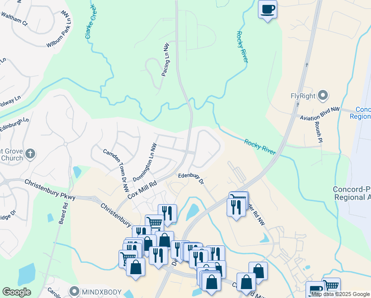 map of restaurants, bars, coffee shops, grocery stores, and more near 2199 Cox Mill Road in Concord