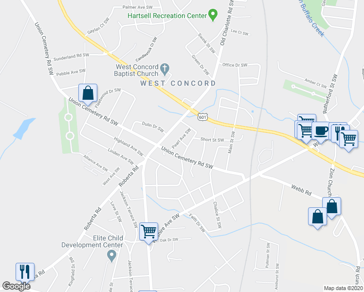 map of restaurants, bars, coffee shops, grocery stores, and more near 364 Coral Street Southwest in Concord