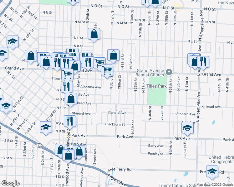 map of restaurants, bars, coffee shops, grocery stores, and more near 631 Clifton Court in Fort Smith