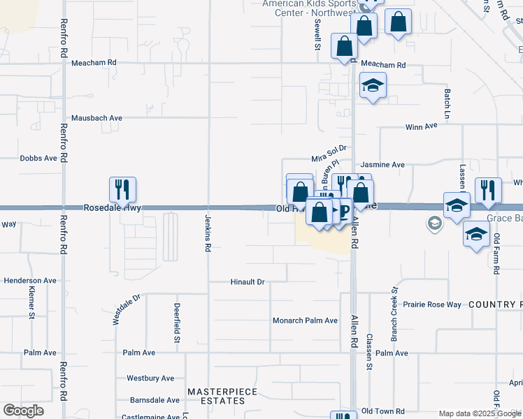 map of restaurants, bars, coffee shops, grocery stores, and more near 13457 Rosedale Highway in Bakersfield