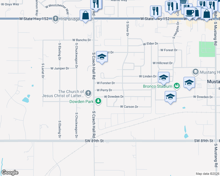 map of restaurants, bars, coffee shops, grocery stores, and more near 741 West Perry Drive in Mustang