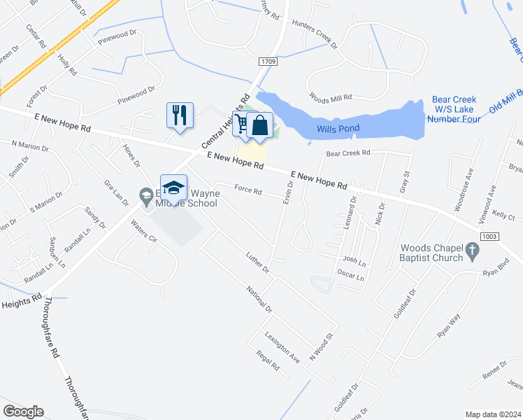 map of restaurants, bars, coffee shops, grocery stores, and more near 718 Force Road in Goldsboro