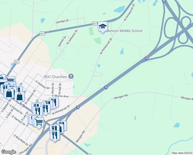 map of restaurants, bars, coffee shops, grocery stores, and more near 12 Coats Circle in Benson