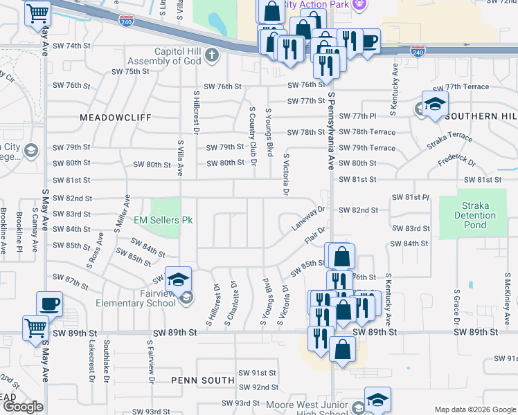 map of restaurants, bars, coffee shops, grocery stores, and more near 8305 South Youngs Boulevard in Oklahoma City