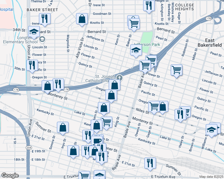 map of restaurants, bars, coffee shops, grocery stores, and more near 1400 Baker Street in Bakersfield