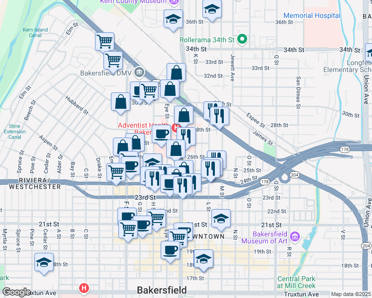 map of restaurants, bars, coffee shops, grocery stores, and more near 2620 Chester Avenue in Bakersfield