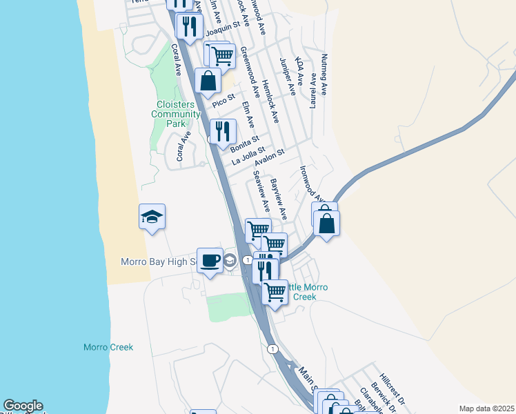 map of restaurants, bars, coffee shops, grocery stores, and more near 2060 Sunset Avenue in Morro Bay
