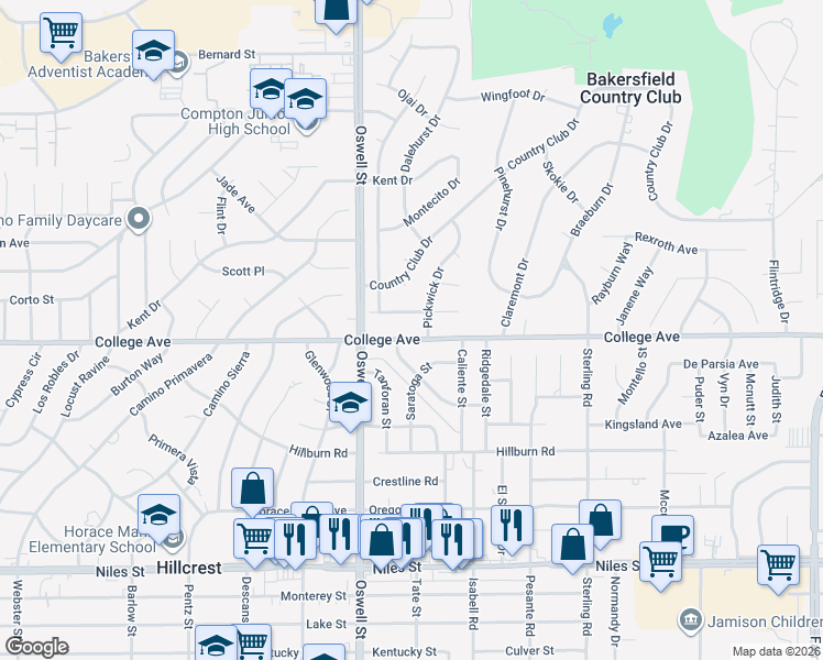 map of restaurants, bars, coffee shops, grocery stores, and more near 5100 College Avenue in Bakersfield