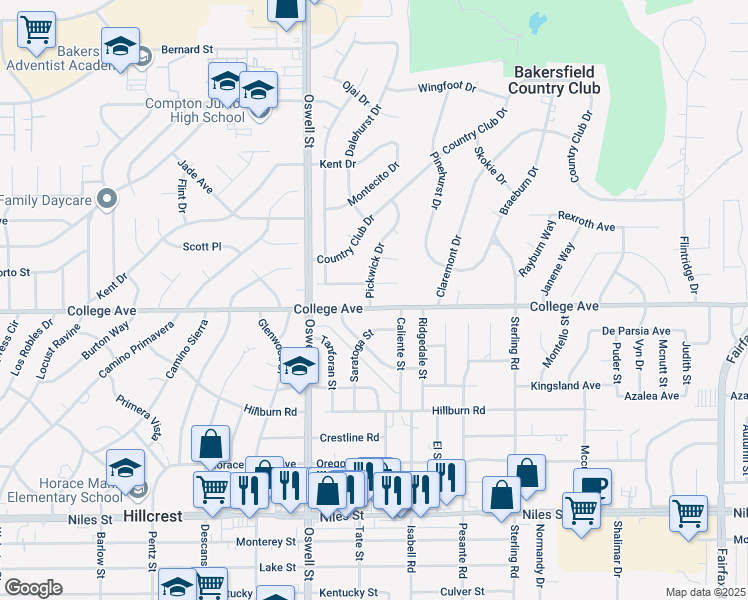 map of restaurants, bars, coffee shops, grocery stores, and more near 5100 College Avenue in Bakersfield