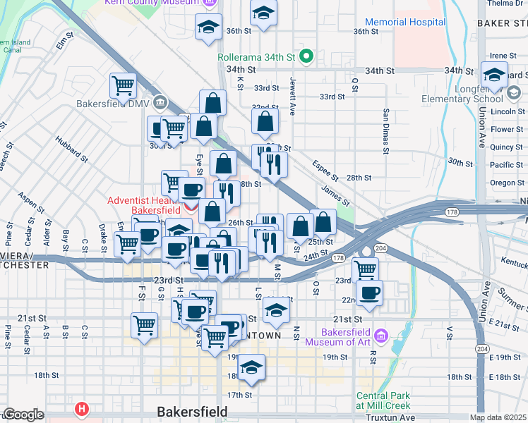 map of restaurants, bars, coffee shops, grocery stores, and more near 2614 L Street in Bakersfield