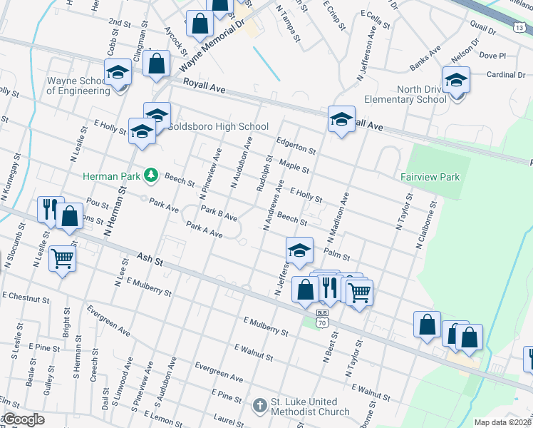 map of restaurants, bars, coffee shops, grocery stores, and more near 1408 Beech Street in Goldsboro