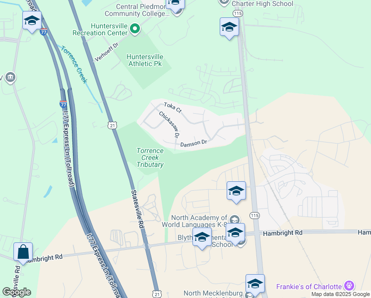 map of restaurants, bars, coffee shops, grocery stores, and more near 13422 Damson Drive in Huntersville