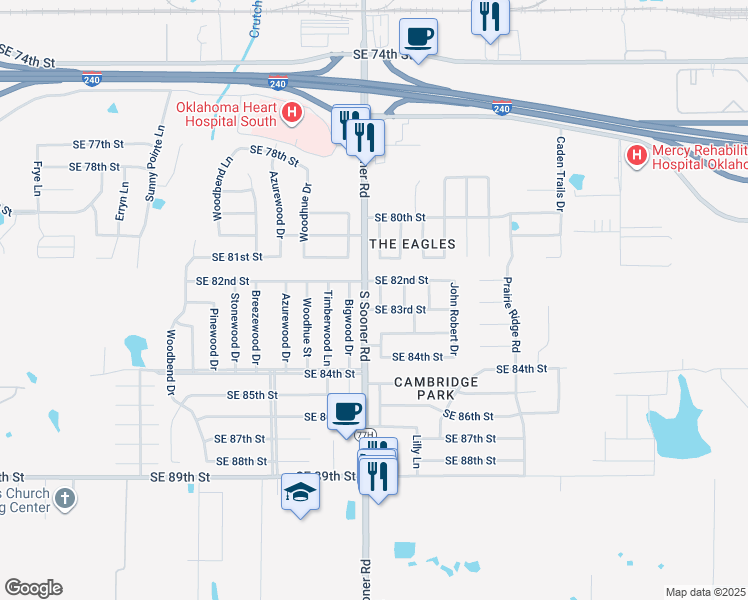map of restaurants, bars, coffee shops, grocery stores, and more near 8313 Timothy Lane in Oklahoma City