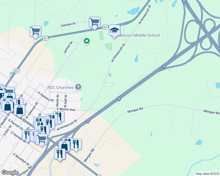 map of restaurants, bars, coffee shops, grocery stores, and more near 22 Coats Circle in Benson