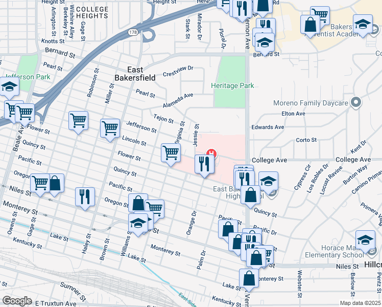 map of restaurants, bars, coffee shops, grocery stores, and more near 1730 Lincoln Street in Bakersfield