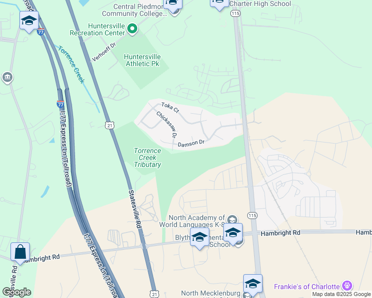 map of restaurants, bars, coffee shops, grocery stores, and more near 13422 Damson Drive in Huntersville
