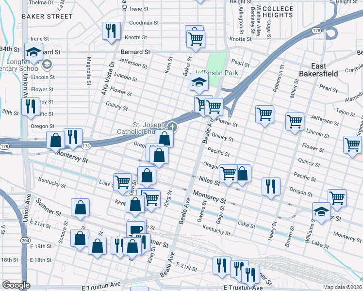 map of restaurants, bars, coffee shops, grocery stores, and more near 1418 King Street in Bakersfield