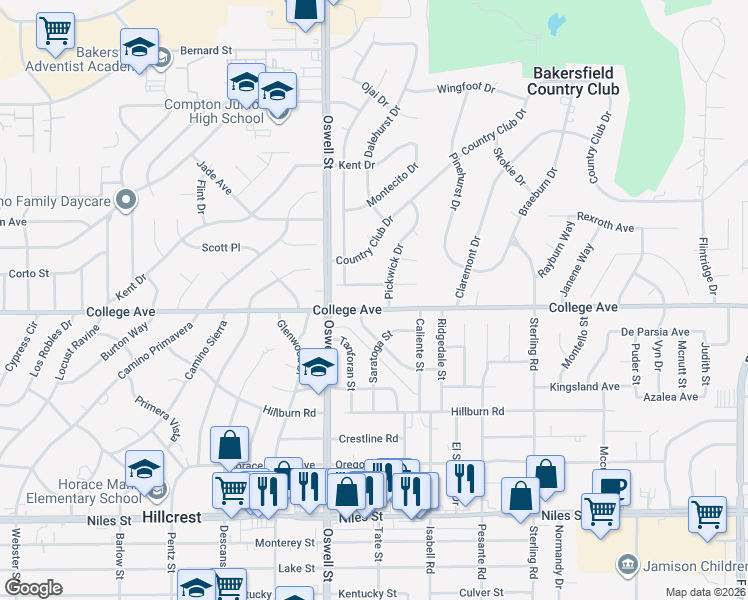 map of restaurants, bars, coffee shops, grocery stores, and more near 5100 College Avenue in Bakersfield