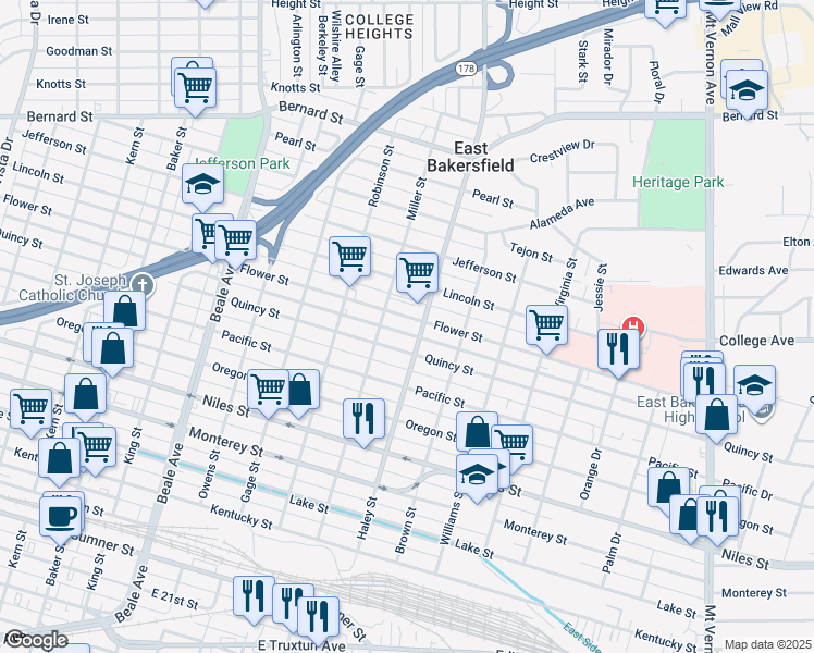 map of restaurants, bars, coffee shops, grocery stores, and more near 1307 Flower Street in Bakersfield