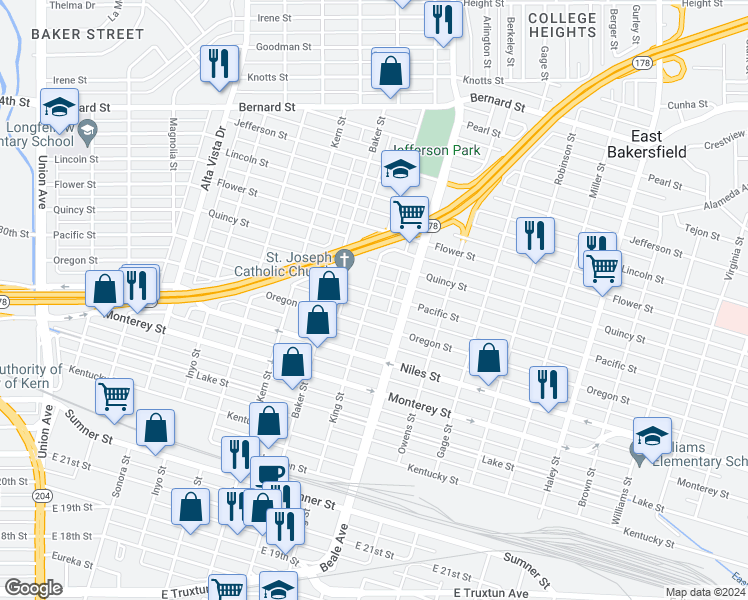 map of restaurants, bars, coffee shops, grocery stores, and more near 1418 King Street in Bakersfield