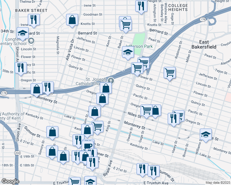 map of restaurants, bars, coffee shops, grocery stores, and more near 1418 King Street in Bakersfield