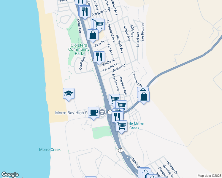map of restaurants, bars, coffee shops, grocery stores, and more near 2060 Sunset Avenue in Morro Bay
