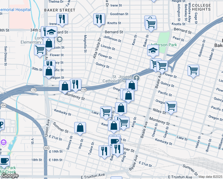 map of restaurants, bars, coffee shops, grocery stores, and more near 505 Oregon Street in Bakersfield