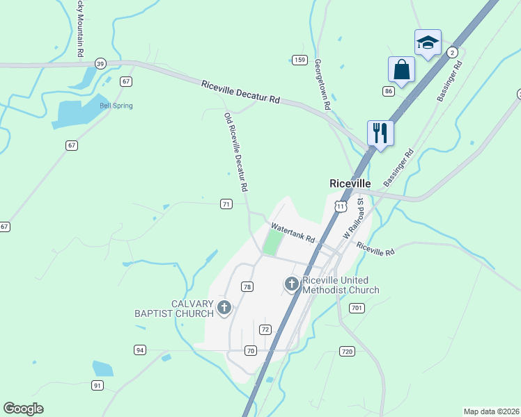 map of restaurants, bars, coffee shops, grocery stores, and more near 166 County Road 80 in Riceville