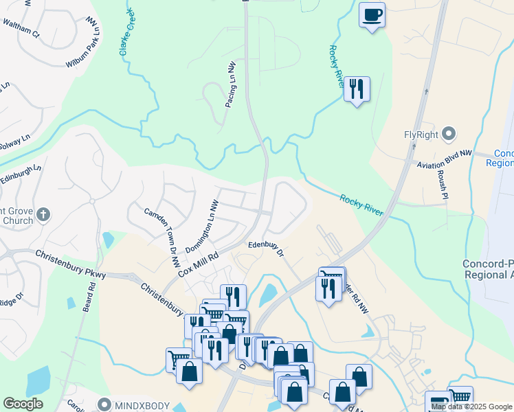 map of restaurants, bars, coffee shops, grocery stores, and more near 2199 Cox Mill Road in Concord