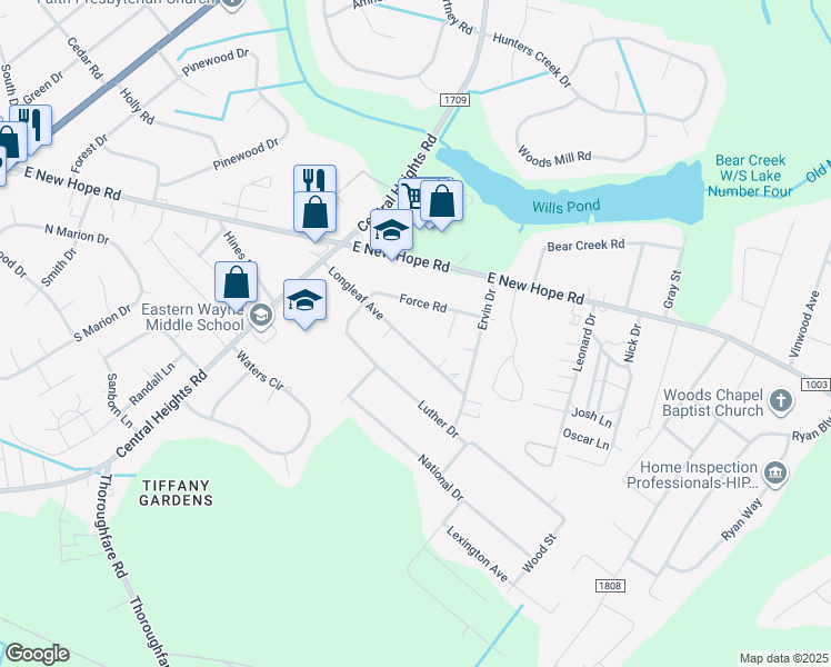 map of restaurants, bars, coffee shops, grocery stores, and more near 715 Longleaf Avenue in Goldsboro