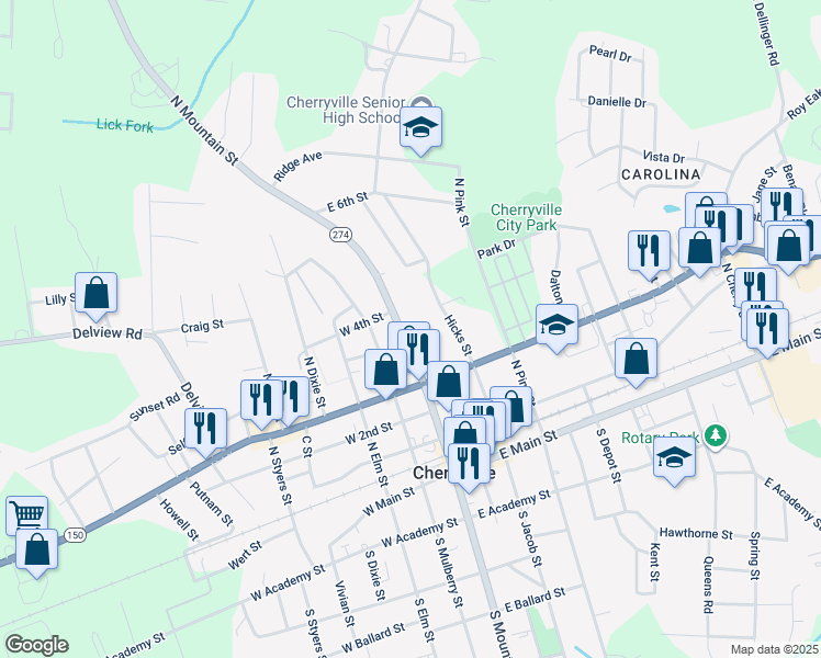map of restaurants, bars, coffee shops, grocery stores, and more near 410 North Mountain Street in Cherryville