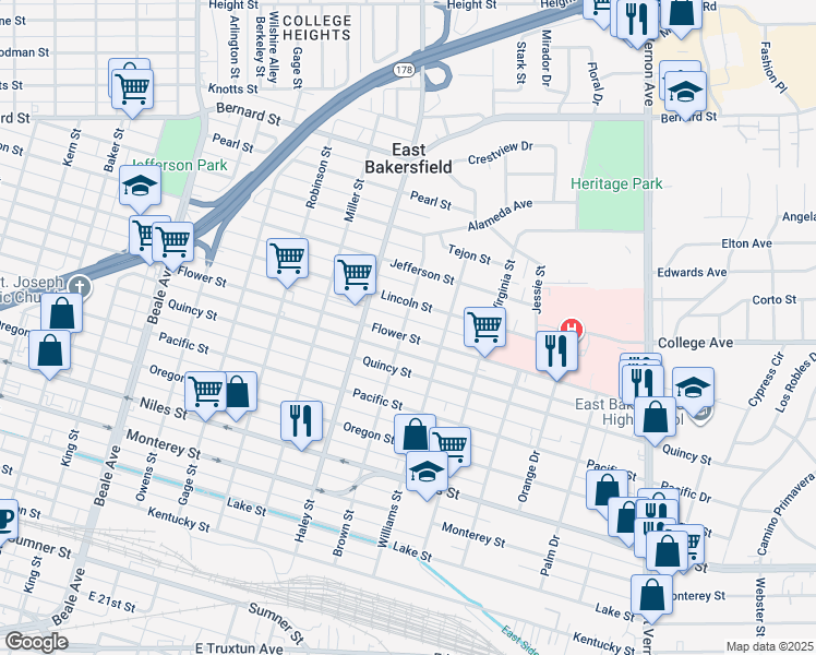map of restaurants, bars, coffee shops, grocery stores, and more near 1500 Flower Street in Bakersfield