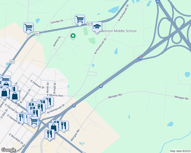 map of restaurants, bars, coffee shops, grocery stores, and more near 36 Coats Circle in Benson