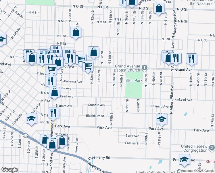 map of restaurants, bars, coffee shops, grocery stores, and more near 718 North 34th Street in Fort Smith