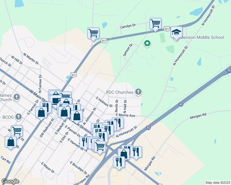 map of restaurants, bars, coffee shops, grocery stores, and more near 415 East Branch Street in Benson