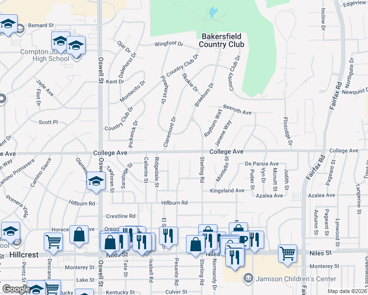 map of restaurants, bars, coffee shops, grocery stores, and more near 5500 College Avenue in Bakersfield