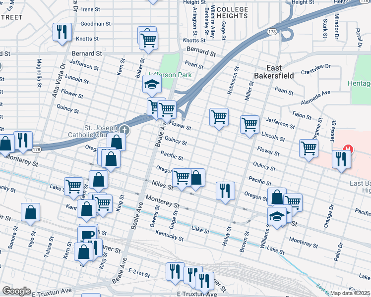 map of restaurants, bars, coffee shops, grocery stores, and more near 1021 Quincy Street in Bakersfield